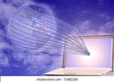 global informatization: binary code floating from laptop to globe
