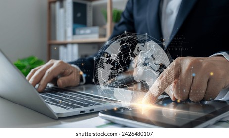 Global Internet connection cloud computing. Business global internet connection application technology, digital marketing, Financial and banking, Digital link tech, big data, Hand holding Light bulb.