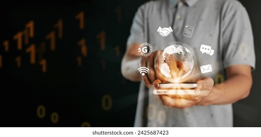 Global internet connection concept. Internet usage worldwide in everyday life. A man hand holds virtual globe with internet icons linked or connected to the world of business and technology. - Powered by Shutterstock - Get 15% off with code: PIKWIZARD15