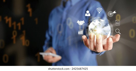 Global internet connection concept. Internet usage worldwide in business and technology. A man hand holds virtual globe with internet icons linked or connected him to the whole world. - Powered by Shutterstock - Get 15% off with code: PIKWIZARD15