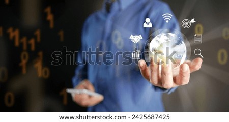 Global internet connection concept. Internet usage worldwide in business and technology. A man hand holds virtual globe with internet icons linked or connected him to the whole world.