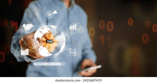 Global internet connection. Online digital data usage and sharing worldwide. Hand holds thumb drive with internet icons linked or connected to global electronics datum in business and technology.