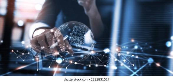 Global internet network connection, global business, internet of thing concept. Business man using digital tablet, social networking, digital marketing, internet technology, futuristic tech background
