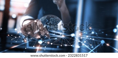 Global internet network connection, global business, internet of thing concept. Business man using digital tablet, social networking, digital marketing, internet technology, futuristic tech background