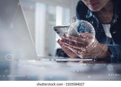 Global internet network connection technology, IoT, Internet of Things concept. Business woman using mobile phone and laptop computer with global network and technology icons on virtual screen