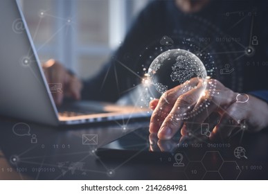 Global internet network connection technology, IoT, Internet of Things concept. Business man using mobile phone and laptop computer, global network,  technology icons on virtual screen, remotely work
