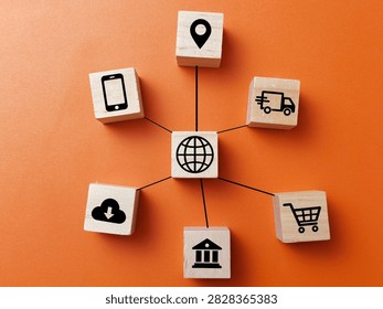 Global logistics network concept with connected globe, smartphone, location, delivery, shopping, cloud and banking symbols for online trading. 