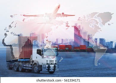 Global logistics network Web site concept, Air cargo trucking rail transportation maritime shipping On-time delivery