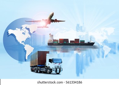 Global logistics network Web site concept, Air cargo trucking rail transportation maritime shipping On-time delivery