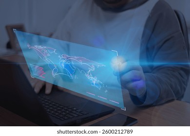 Global logistics and supply chain data visualization. A person interacting with a futuristic holographic world map displaying real-time shipping routes, transportation hubs, and international business