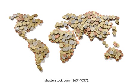 Global Money Map. World Map Made Of Money Coins Isolated On White Background