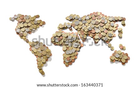Global money map. World map made of money coins isolated on white background