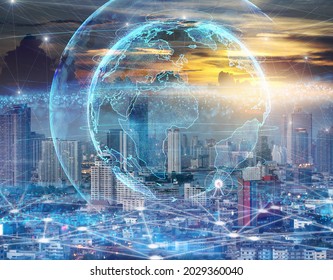 Global network abstract particles render of earth over the cityscape at twilight time, graphic and motion with architecture concept