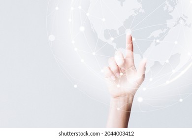 Global network background with hand clicking on virtual screen remixed media