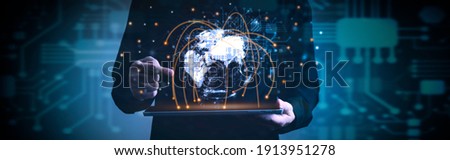 Global network communication connection concept, Man holding digital tablet and pointing finger to graphic hitech earth