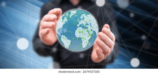 Global network concept between hands of a man in background