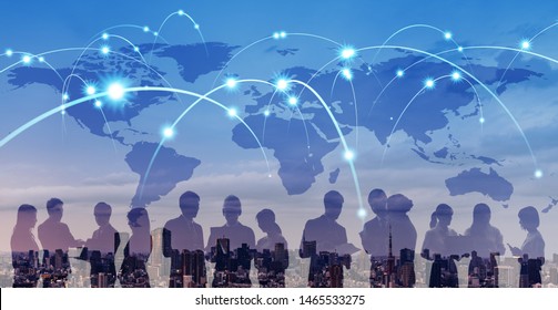 Global network concept. Map of Japan and group of people.
