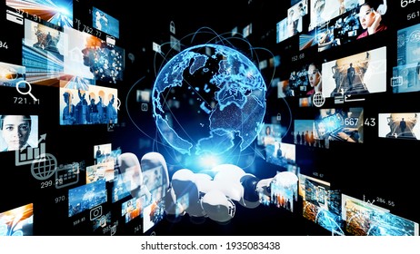 Global network concept. Robot hand holding hologram of planet earth and screens. 3D rendering.