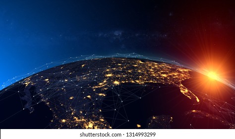 Global network concept,the rising sun over the American continent. Elements of this image furnished by NASA. 