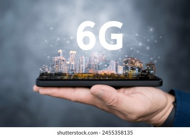 Global network connection 6G on hand business man. network User connection 6G with icon concept, technology network wireless systems and internet of things, new technologies coming up in the future.