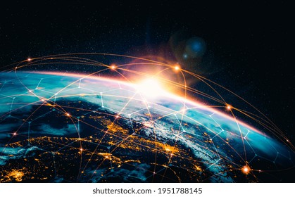 Global network connection covering the earth with lines of innovative perception . Concept of 5G wireless digital connection and future in the internet of things . 3D illustration .