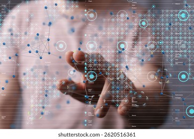 Global Network Connection: Hand Interacting with Digital World Map