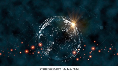 Global Network Connection. World Map Point And Line Composition Concept Of Global Business. Global Social Network. Future. Blue Futuristic Background With Planet Earth. Internet And Technology.