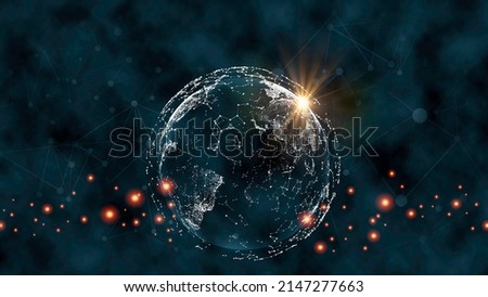 Global network connection. World map point and line composition concept of global business. Global social network. Future. Blue futuristic background with planet Earth. Internet and technology.