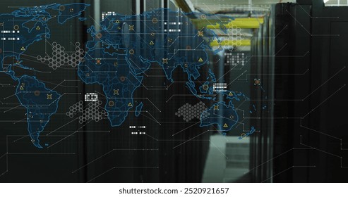 Global network connections and data processing image over server racks in data center. Technology, networking, cybersecurity, cloud, internet, infrastructure