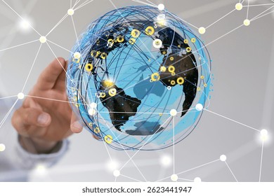 Global Network Connections: World Map with Data Flow