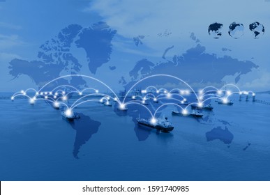 Global Network Coverage World Map Importexport, Oil Ship Tanker Network Connection Concept. Aerial View Oil Tanker Of Business Logistic Sea Going Ship