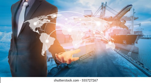 Global network coverage world map on hand of businessman ,Industrial Container Cargo freight ship  at habor for Logistic Import Export background (Elements of this image furnished by NASA)