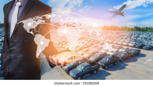 Global Network Coverage World Map On Hand Of Businessman ,Car Transport For Logistics Import Export Background (Elements Of This Image Furnished By NASA)