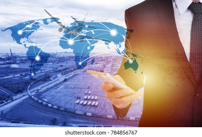 Global Network Coverage World Map With Businessman ,Industrial Container Cargo Freight Ship At Habor For Logistic Import Export Background (Elements Of This Image Furnished By NASA)