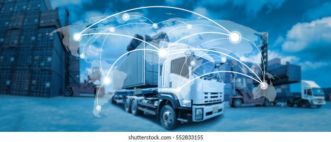 Global network coverage world map,Truck with Industrial Container Cargo for Logistic Import Export at yard (Elements of this image furnished by NASA)