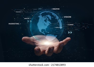 Global network and data exchanges on hand over the world illustration. Hand holds the network globe Creativity, ideas, innovation, planning, marketing, analysis, strategy isolated on black background.