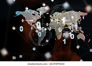 Global Network Data Visualization: World Map with Binary Code