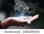 Global network, future technology and hand with hologram for data protection, networking or ai. Earth, globe or 3d world for cybersecurity, cloud computing or innovation in digital hacking or gdpr