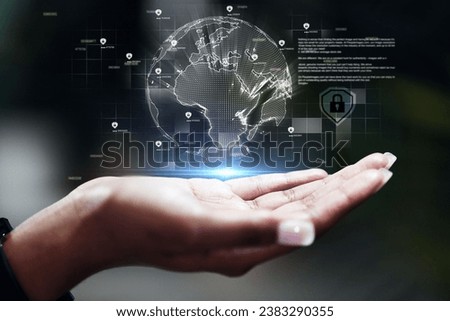 Global network, future technology and hand with hologram for data protection, networking or ai. Earth, globe or 3d world for cybersecurity, cloud computing or innovation in digital hacking or gdpr