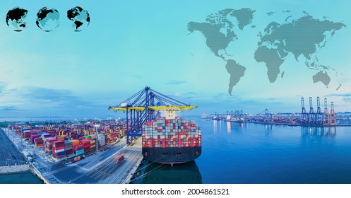 Global network. importexport cargo container ship network connection concept, Rear view Cargo ship, Cargo container in deep sea port. Business logistic transportation sea freight