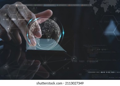 Global network, internet technology, digital software development concept. Man using mobile smart phone with global network connection, computer code, modern futuristic innovation  virtual screen