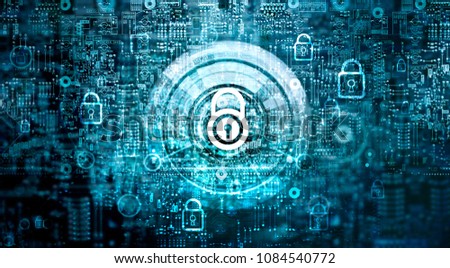 Global network security concept. Cyber Safety. Key. Closed padlock on abstract motherboard circuit digital background. Internet technology 