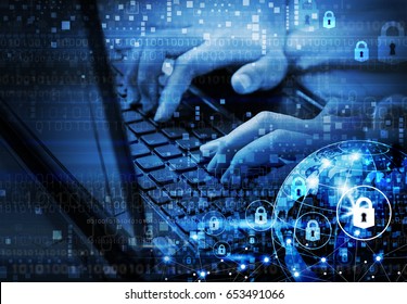 Global network security internet concept of woman using laptop with digital technology