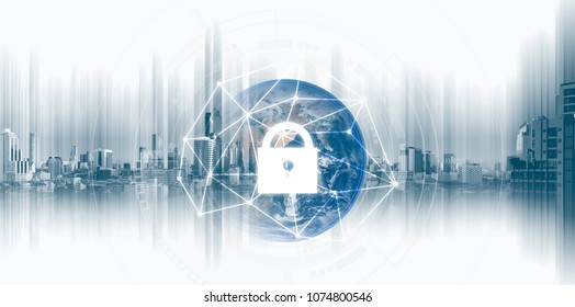 Global Network Security System Technology. Globe And Network Connection And Lock Icon. Element Of This Image Are Published By NASA