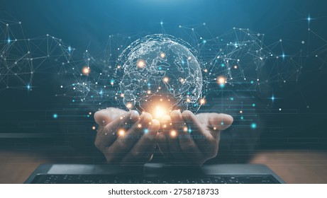 Global network technology concept. Digital globe in hands. Connected data nodes, communication lines, innovation, cloud computing, big data exchange and futuristic worldwide connectivity system.