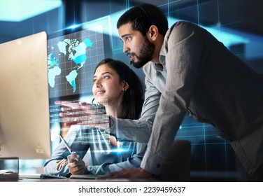 Global network, technology and team with computer for stock trading, cryptocurrency and data analytics. International business, finance and collaboration of man and woman in meeting with 3d hologram