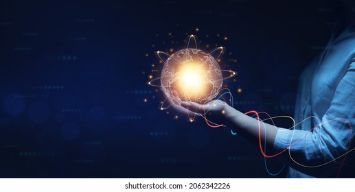 Global networking connection, science, innovation and communication technology. 
Business woman hand holding earth globe with data exchanges on connection technology.