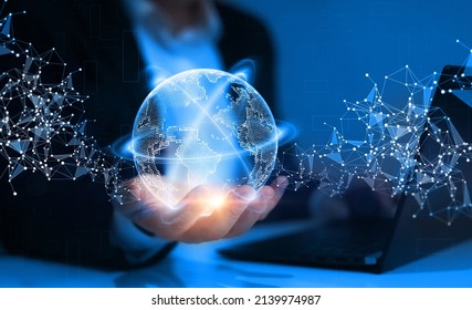 Global Networking Connection,science, Innovation And Communication Technology.Next Generation Technology.Hand Holding Earth Globe With Data Exchanges On Connection Technology.