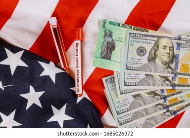 Global Pandemic Covid 19 Lockdown Coronavirus Financial Relief Package Senate Stimulus Individual Checks USA Dollar Cash Banknote On American Flag