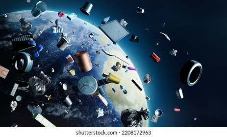 Сoncept of global pollution. A lot of different debris in the orbit of the earth with a view from space. - Shutterstock ID 2208172963